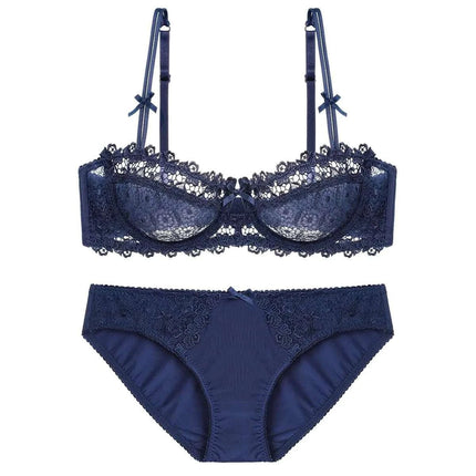 Guoeappa Womens Sexy Soft Lace Lingerie Set See Through Underwear Floral Lace Underwire Sheer Bra and Panty Set(Dark Blue34D) - Royalessencelux