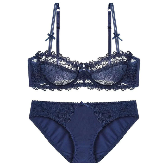 Guoeappa Womens Sexy Soft Lace Lingerie Set See Through Underwear Floral Lace Underwire Sheer Bra and Panty Set(Dark Blue34D) - Royalessencelux