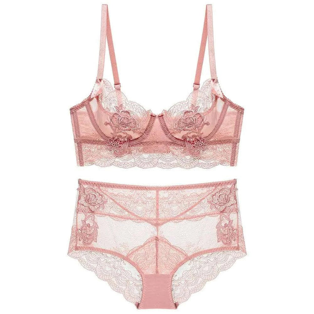 Guoeappa Womens Sexy Soft Lace Lingerie Set See Through Underwear Floral Lace Underwire Sheer Bra and Panty Set(Peach Pink38C) - Royalessencelux