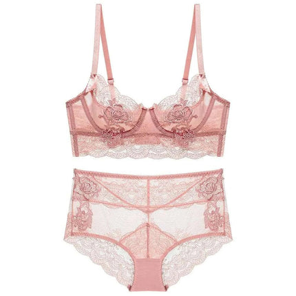 Guoeappa Womens Sexy Soft Lace Lingerie Set See Through Underwear Floral Lace Underwire Sheer Bra and Panty Set(Peach Pink38C) - Royalessencelux