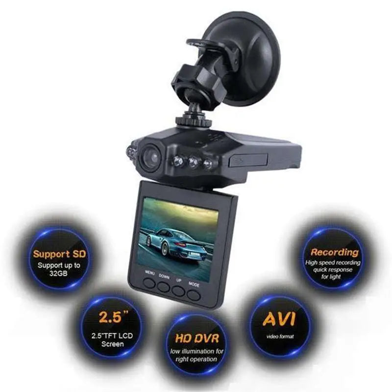 Black h98 night vision driving recorder hd night with lcd screen and suction cup mount showing a road scene