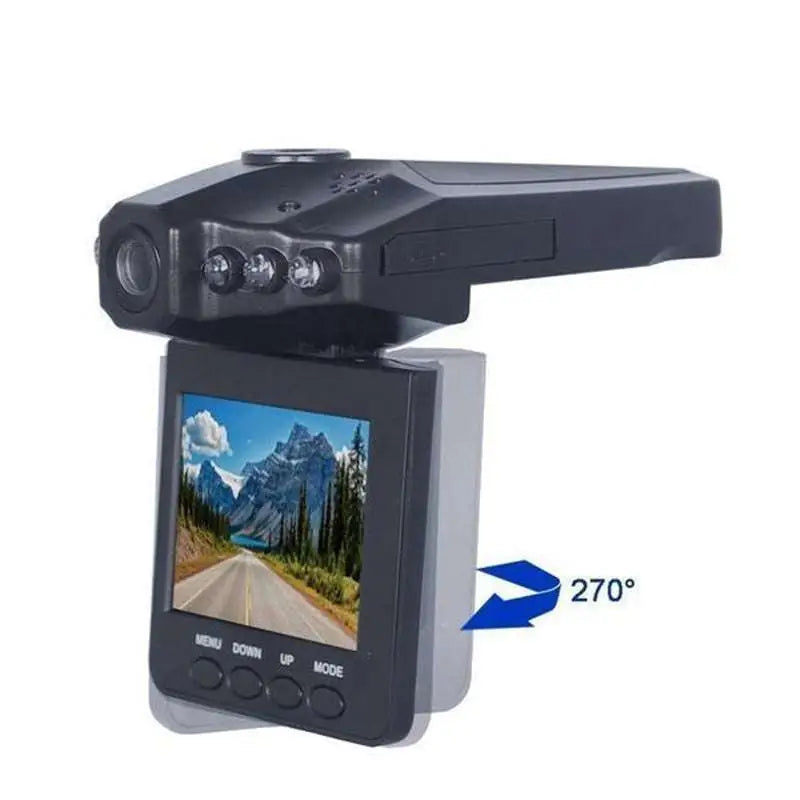 Black h98 night vision driving recorder hd night with suction cup mount and 270-degree rotating lcd screen showing mountain road