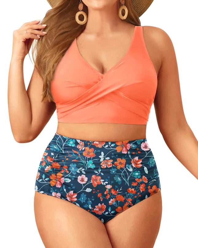 Aqua Eve Women Plus Size Two Piece Swimsuit High Waisted Bikini Set Tummy Control Bathing Suit Orange Peach Floral 14W