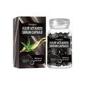 Hoegoa hair care black capsule vitamin serum in a clear glass bottle with aloe vera illustrated dark packaging