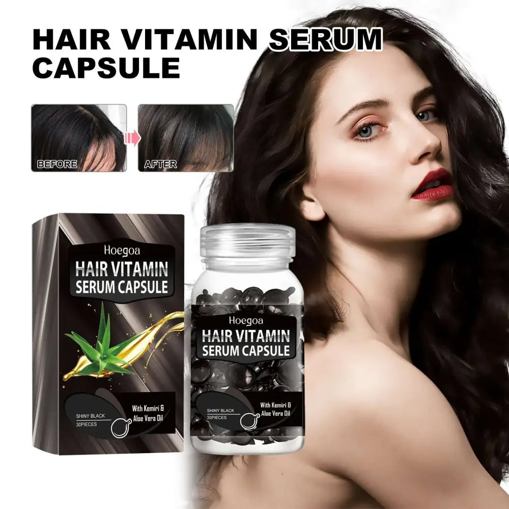 A transparent glass bottle of hoegoa hair care black capsule vitamin containing 30 smooth black aloe vera capsules