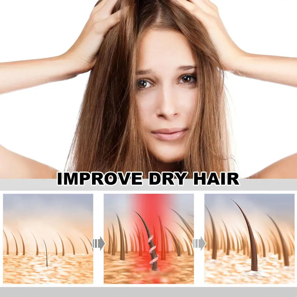 A woman with long dry brown hair holds her head in distress using hoegoa hair care black capsule vitamin serum with aloe vera