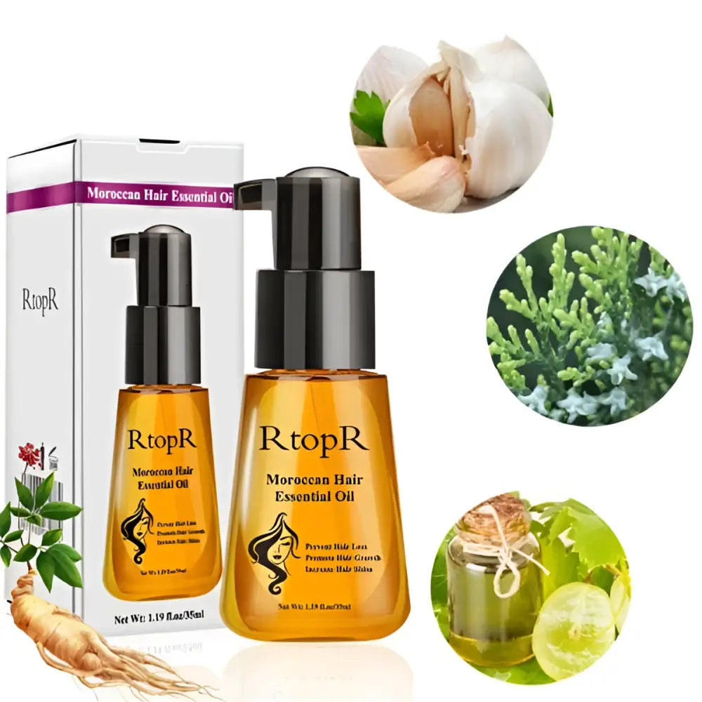 Golden amber moroccan hair care essential oil in a transparent glass bottle with black pump dispenser and matching cap