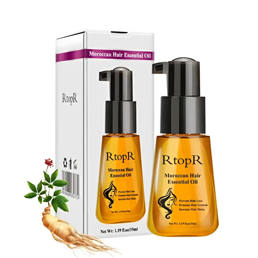 Golden amber moroccan hair care essential oil in sleek black pump bottle labeled rtopr moroccan hair essential oil