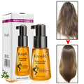 Golden-hued moroccan hair care essential oil in sleek black pump bottle with white box featuring purple accents and claims