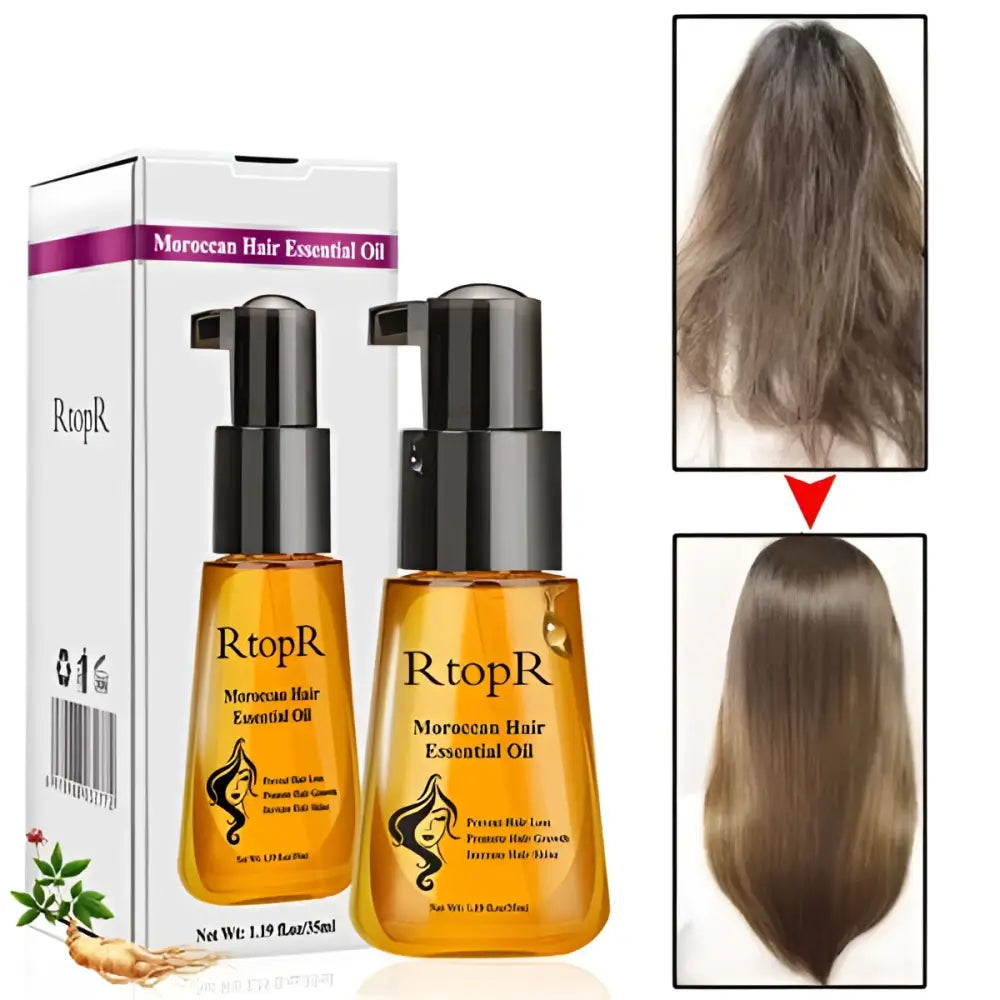 Golden-hued moroccan hair care essential oil in sleek black pump bottle with white box featuring purple accents and claims