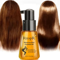 A sleek amber glass bottle of rtopr Moroccan hair care essential oil with black pump and gold lettering