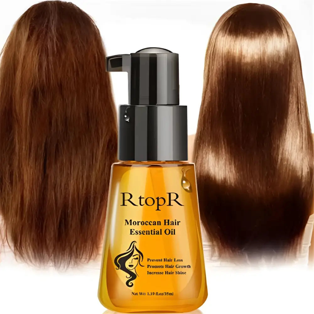 A sleek amber glass bottle of rtopr Moroccan hair care essential oil with black pump and gold lettering