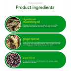Hair care scalp liquid nutrient solution features ligusticum chuanxiong oil ginger root oil and grape seed oil in green ovals