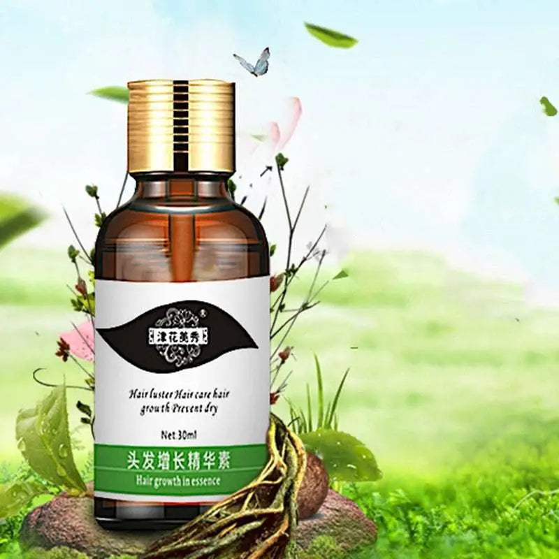 A sleek amber glass hair care scalp liquid nutrient bottle with gold cap white label featuring green accents sits in roots