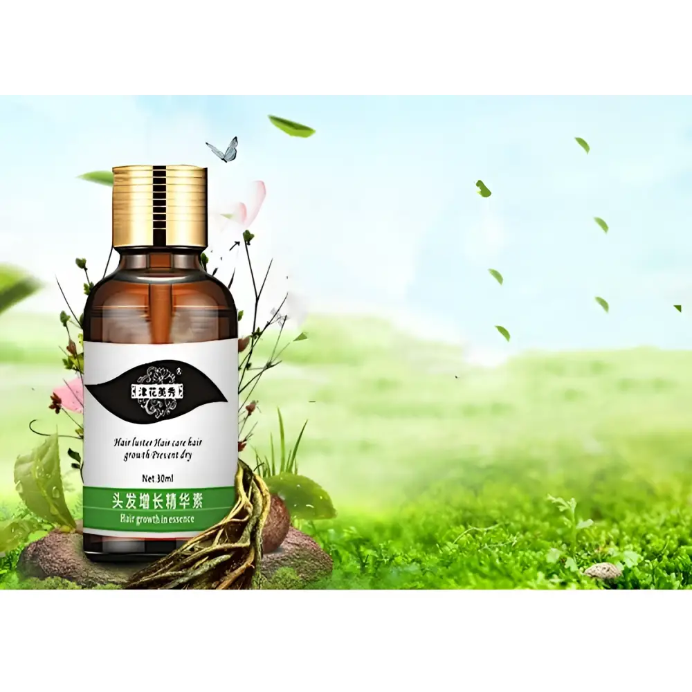 A brown glass hair care scalp liquid nutrient bottle with gold cap and white label featuring green accents and chinese text