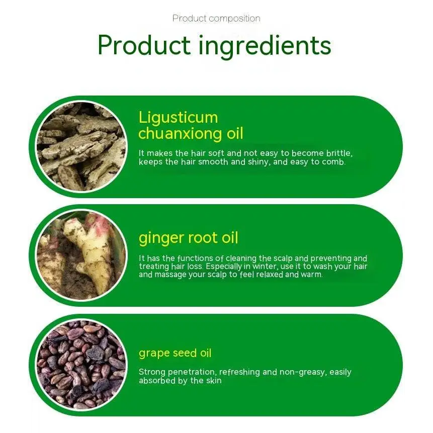 Hair care scalp liquid nutrient solution with ligusticum chuanxiong oil ginger root oil and grape seed oil white label featuring