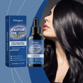 Hoegoa castor oil hair care serum in black glass bottle with dropper and blue packaging improves hair smoothness