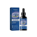 Hoegoa castor oil hair care serum in dark glass bottle with black dropper and blue packaging improves hair smoothness