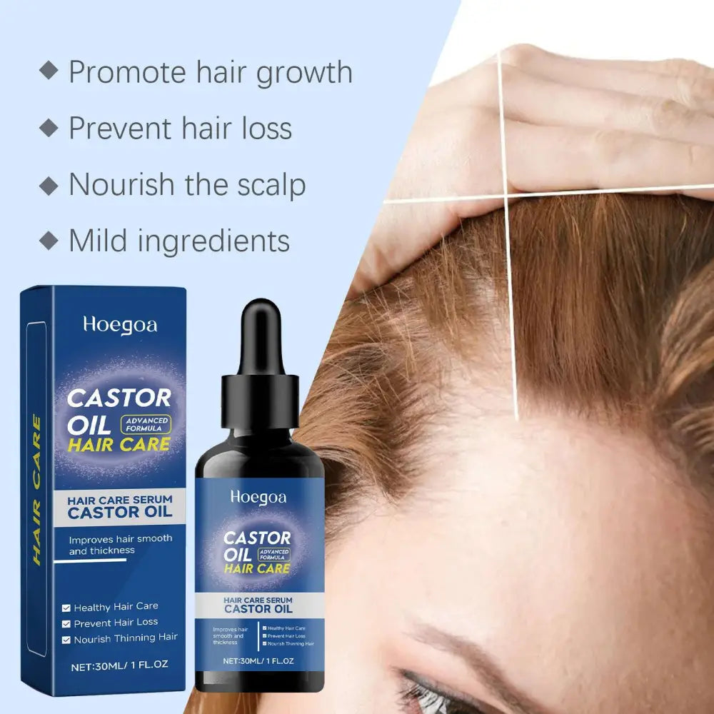Black glass bottle with dropper and blue hoegoa label castor oil hair care solution improves hair smoothness next to box