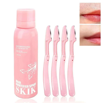 Pink hair identifier spray bottle with four matching pink electric epilators for facial hair and face shaving set