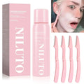Pink hair identifier spray in sleek cylindrical bottle with matching packaging and four pink dermaplaning razors for face shaving