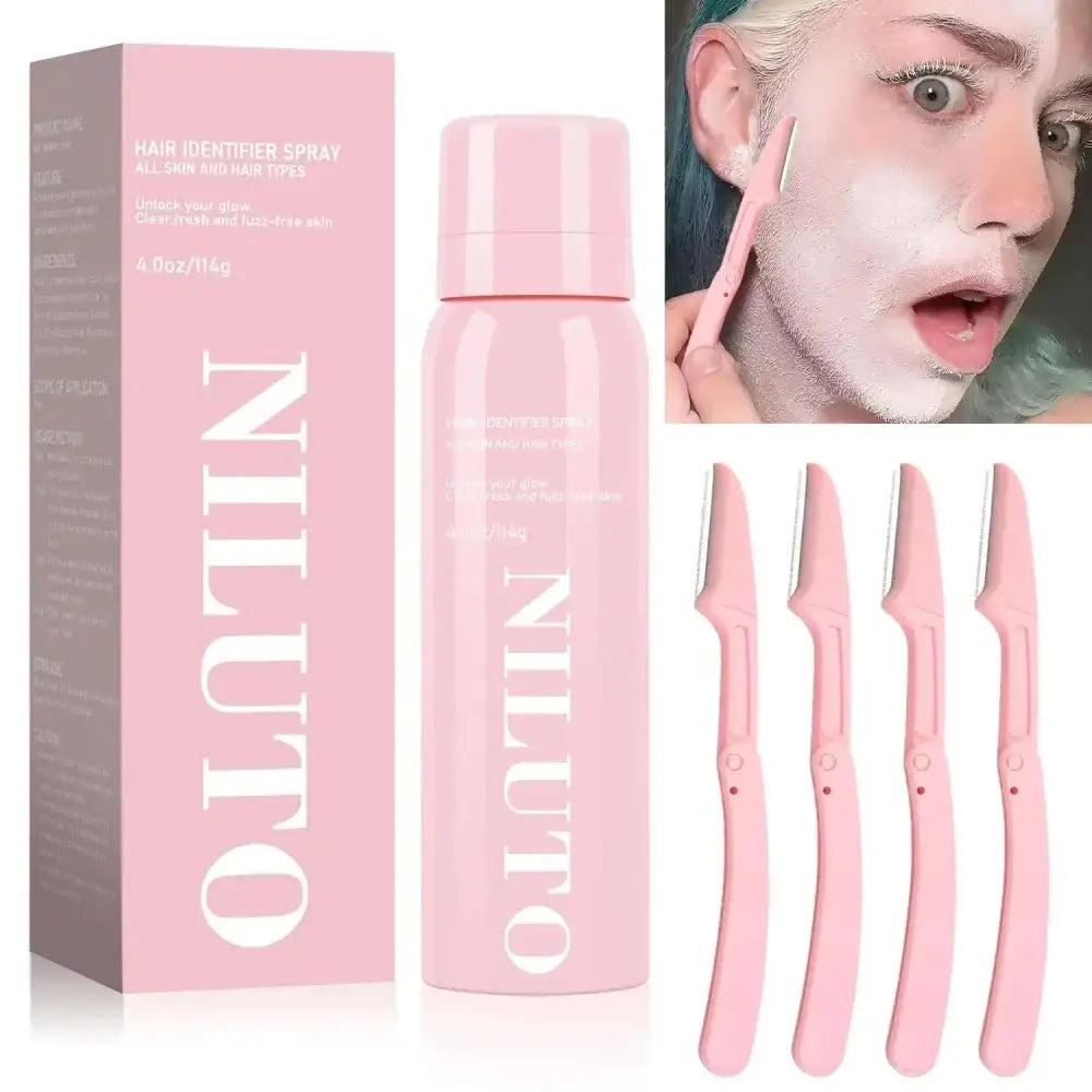 Pink hair identifier spray in sleek cylindrical bottle with matching packaging and four pink dermaplaning razors for face shaving