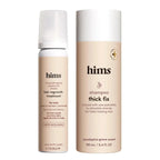 The hims mens hair growth set includes a white minoxidil topical aerosol and beige shampoo thick fix for fuller-looking hair