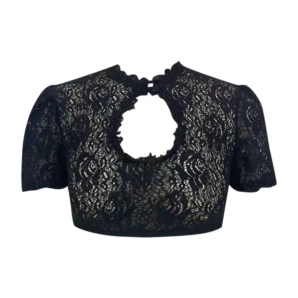 Black lace crop top with high collar short sleeves intricate floral pattern and heart cutout for halloween beer festival