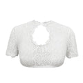 White lace crop top with short sleeves and keyhole back detail featuring heart cutout for halloween beer festival