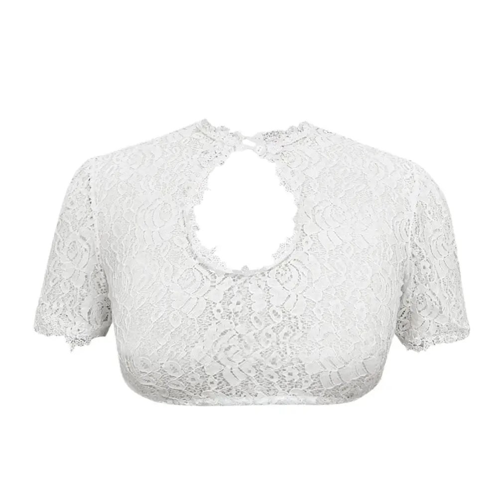 White lace crop top with short sleeves and keyhole back detail featuring heart cutout for halloween beer festival