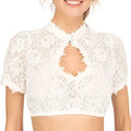 White lace crop top with high neckline and intricate festival base lace heart cutout for halloween beer festival wear