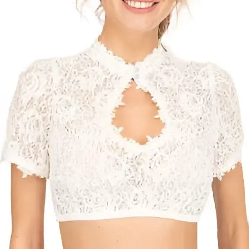 White lace crop top with high neckline and intricate festival base lace heart cutout for halloween beer festival wear
