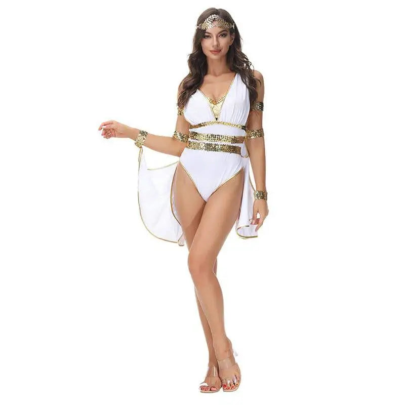 White and gold greek goddess athena costume with gold sequined halloween accents designed for cosplay events