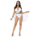 White and gold ancient greek goddess athena costume with gold sequined accents for halloween cosplay events
