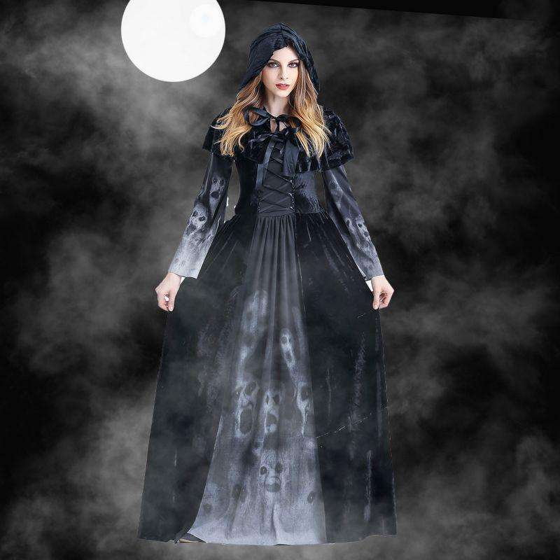 Halloween Women Medieval Gothic Witch Maleficent Horror Scary Cosplay Costume Carnival Party Ghost Long Black Hooded Dress Button Full Cup Plus Size Bra Without Wi Royalessencelux