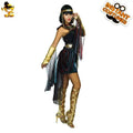 Elegant black and gold halloween women’s cleopatra costume with metallic accents sheer panels and ornate golden boots