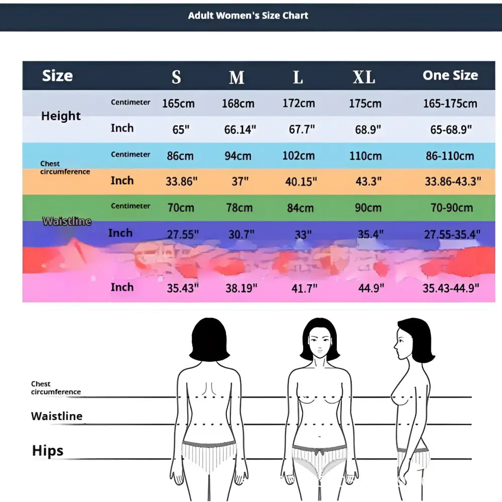 Adult women’s size chart for halloween women’s cleopatra role-playing party clothes showing height chest waist and hips measurements