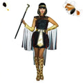 Black and gold velvet women’s cleopatra dress with metallic accents and accessories for cleopatra role-playing party or halloween