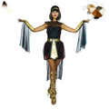 Elegant halloween women’s cleopatra costume featuring black and gold satin dress with sheer blue accents and gold arm cuffs