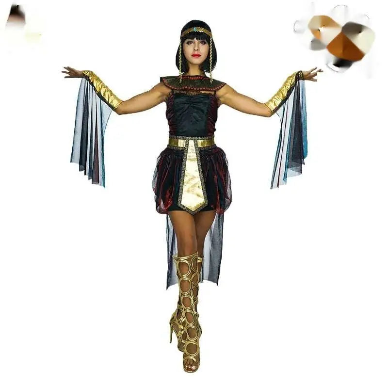 Elegant halloween women’s cleopatra costume featuring black and gold satin dress with sheer blue accents and gold arm cuffs