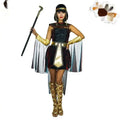 Elegant black and gold velvet halloween women’s cleopatra costume with metallic accents and matching headpiece for role-playing party