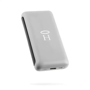 Gray minimalist portable power bank with white oh monogram engraved on halo rapidpack 20k 20k mah charger surface