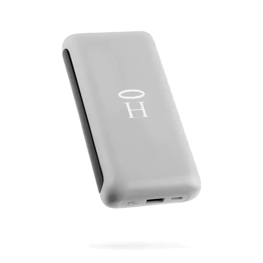 Gray halo rapidpack 20k portable power bank with minimalist design and engraved oh monogram on smooth surface