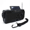 Black crank solar emergency radio with built-in flashlight and carabiner strap for outdoor and emergency use