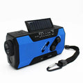 Blue and black crank solar emergency radio with built-in flashlight and usb charging for outdoor use