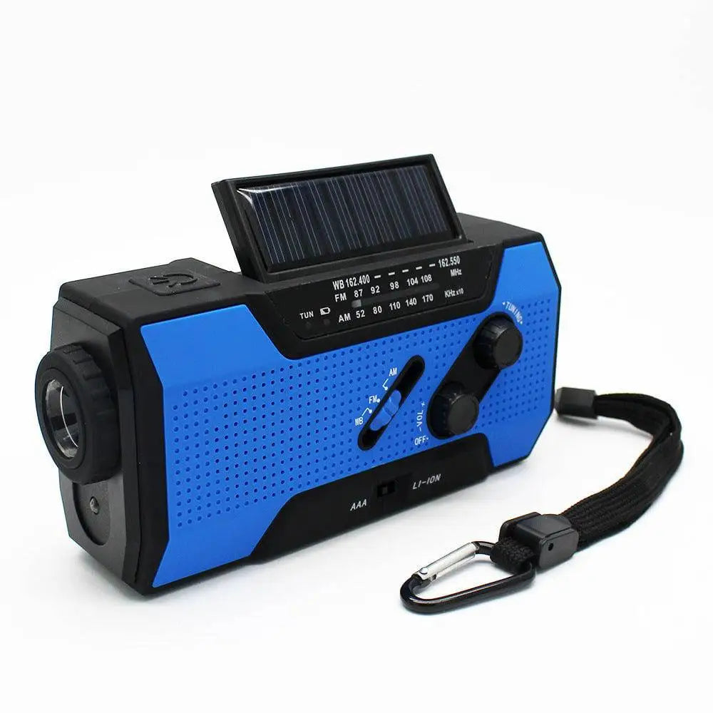 Blue and black crank solar emergency radio with built-in flashlight and usb charging for outdoor use