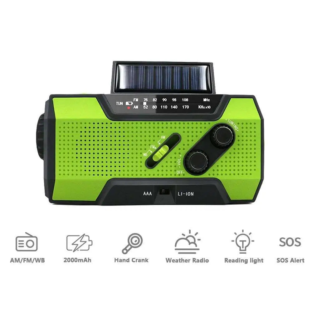 Bright green and black crank solar emergency radio with hand crank flashlight usb charging and sos features