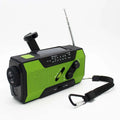 Green and black hand crank solar emergency radio with flashlight antenna and carabiner strap for outdoor use