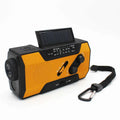 Orange and black crank solar emergency radio with flashlight two control knobs and carrying strap for outdoor use