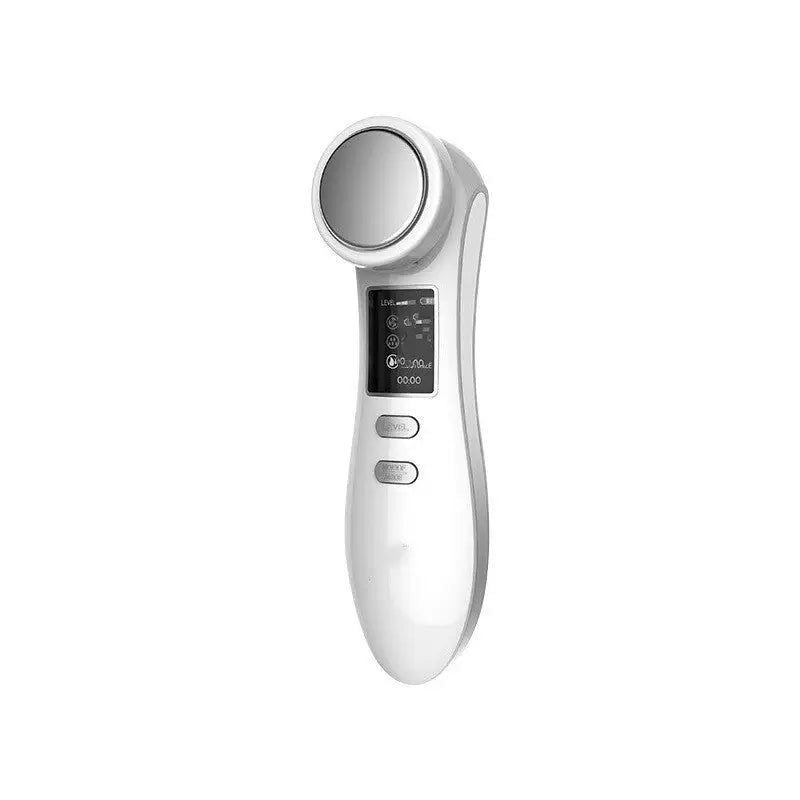 White handheld digital iontophoresis personal care device with circular treatment head and digital display screen